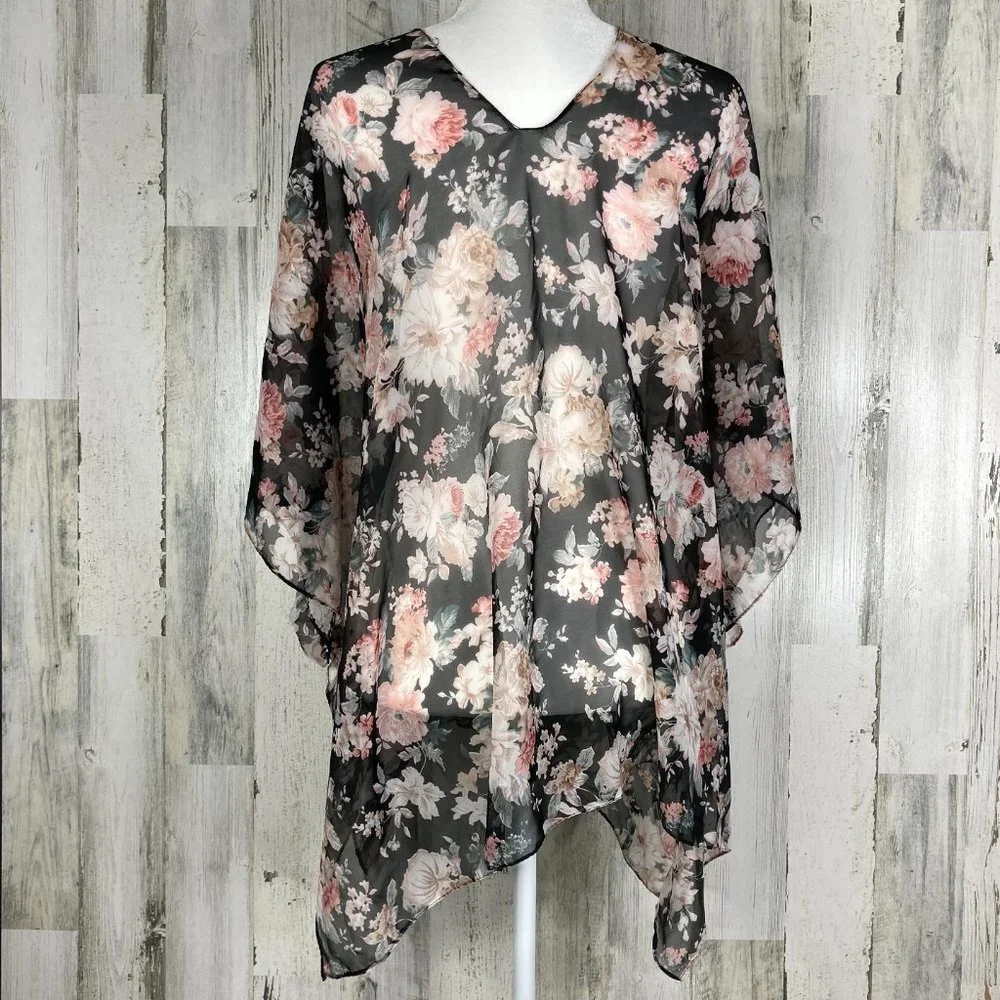 Nwt Sheer Floral Bat Wing Sleeve Kimono Top Sz OS - Picture 2 of 4